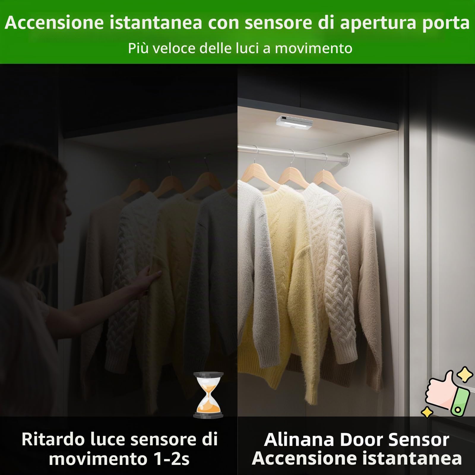 Set 6 Luce Armadio, LuceLed da Cassetto con Sensore Porta, LED Armadio Bianco Freddo, Dispensa, Cucina, Cassaforte, Guardaroba