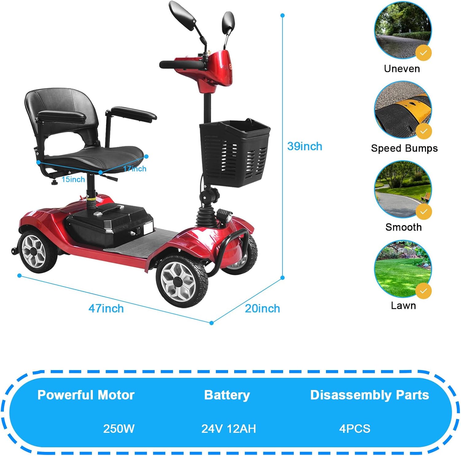 4 Wheel Mobility Scooter, Electric Power Mobile Scooters for Seniors Adult with Headlight Collapsible and Compact Duty Travel Scooter w/Basket and Extended Battery-13 Miles Range (Tesla-red)