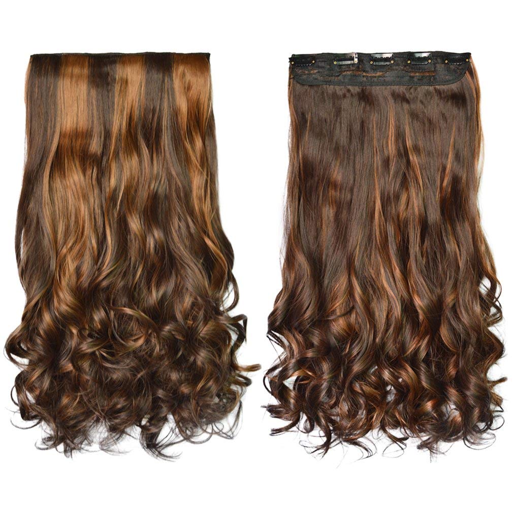 REECHO 20" 1-Pack 3/4 Full Head Curly Wave Clips in on Synthetic Hair Extensions HE008 Hairpieces for Women 5 Clips 4.5 Oz per Piece - Dark Brown with