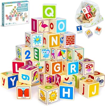 Wooden Blocks for Toddlers 1-3 - 26 Counting ABC Learning Baby Blocks