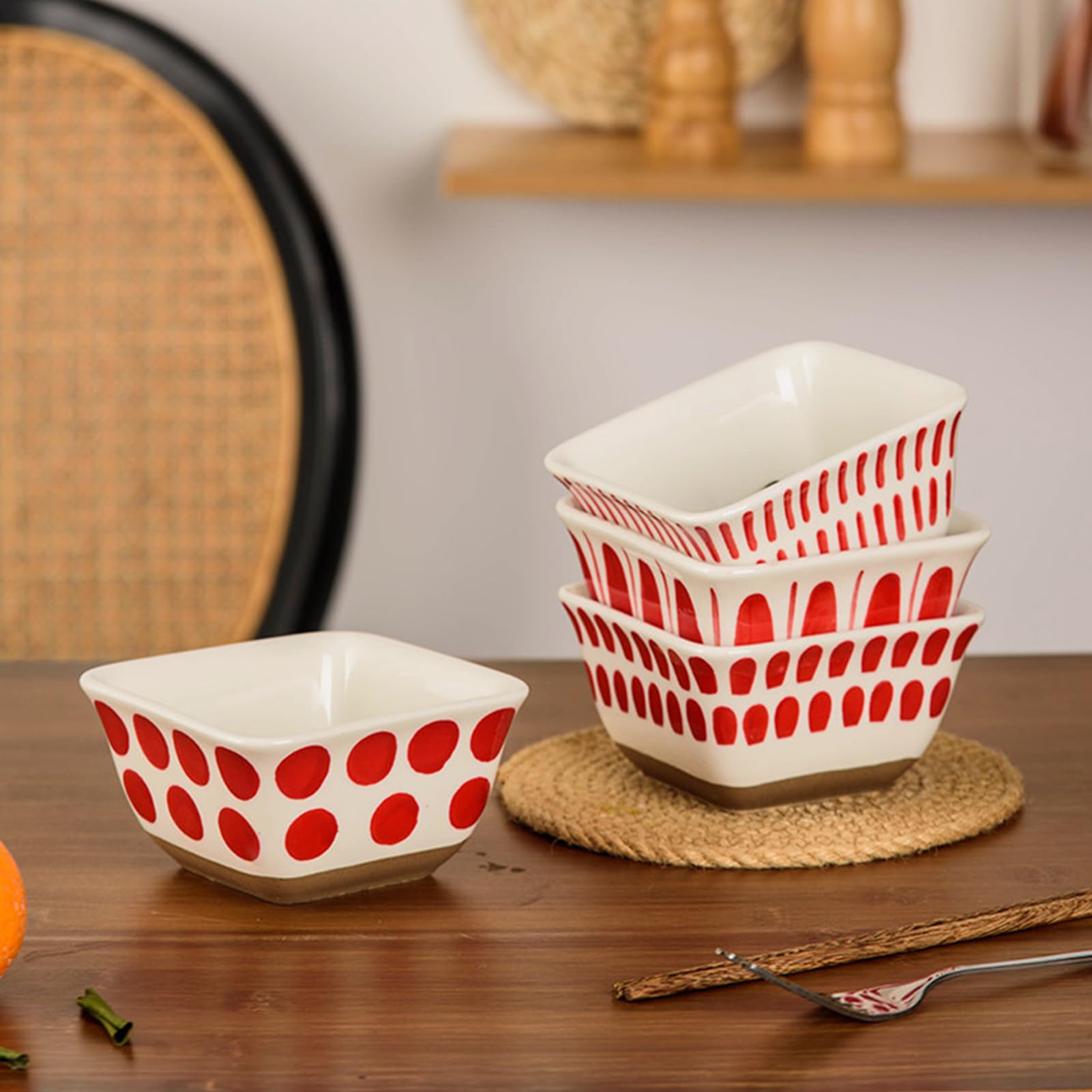 Dxcaicc Plateau De Service Divisé en Céramique avec Fleurs De Bégonia, Émail, Verre, Bois, Plateau À Apéritif, Peint À La Main avec Motif Rouge, Bols Carrés en Céramique,A