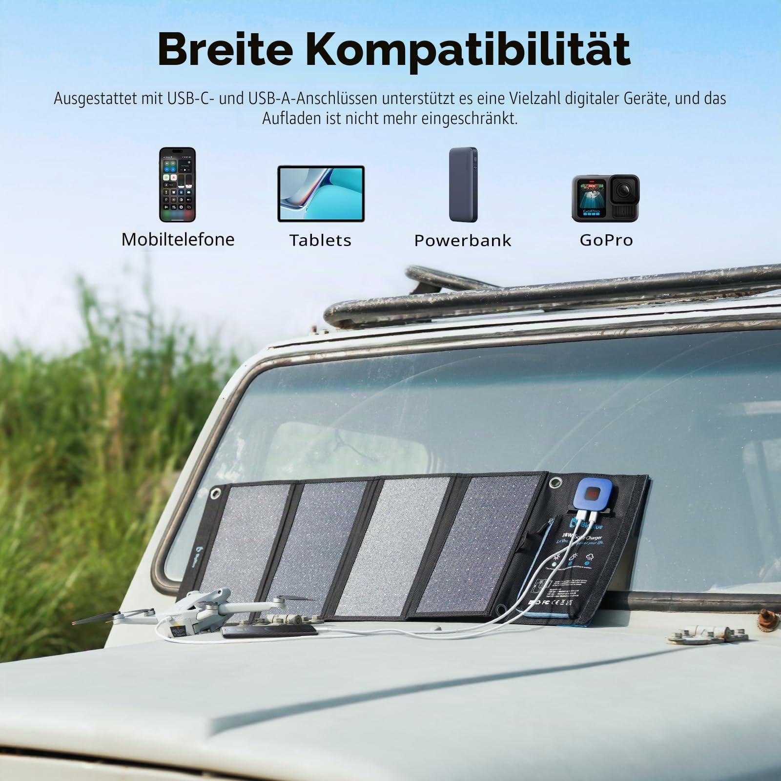 BigBlue 28W Tragbares Solar-Ladegerät mit 2 Ports (USB-C/USB-A), 5V/4A Gesamtausgang, IP44 Solarpanel mit Digital Amperemeter und Reißverschluss-Schutz für Geräte wie iPhone, Android, GoPro und mehr