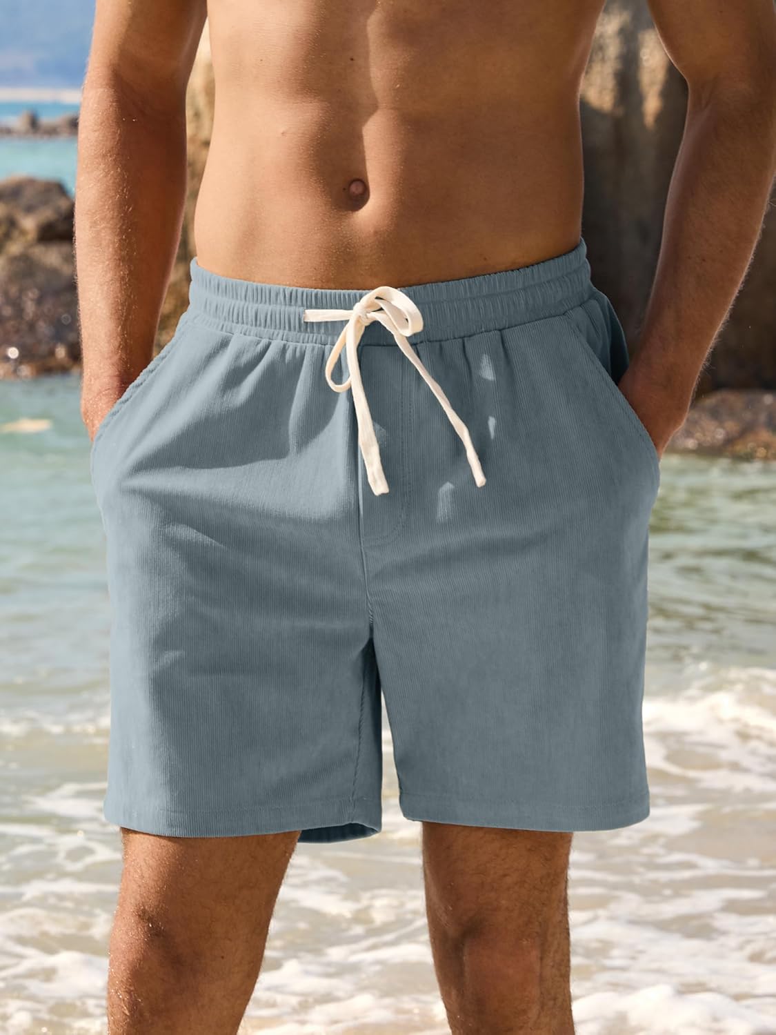 JEMLDL Men's Corduroy Shorts 5 Inch Inseam Drawstring Elastic Waist Lightweight Casual Summer Beach Shorts with Pocket - Image 3