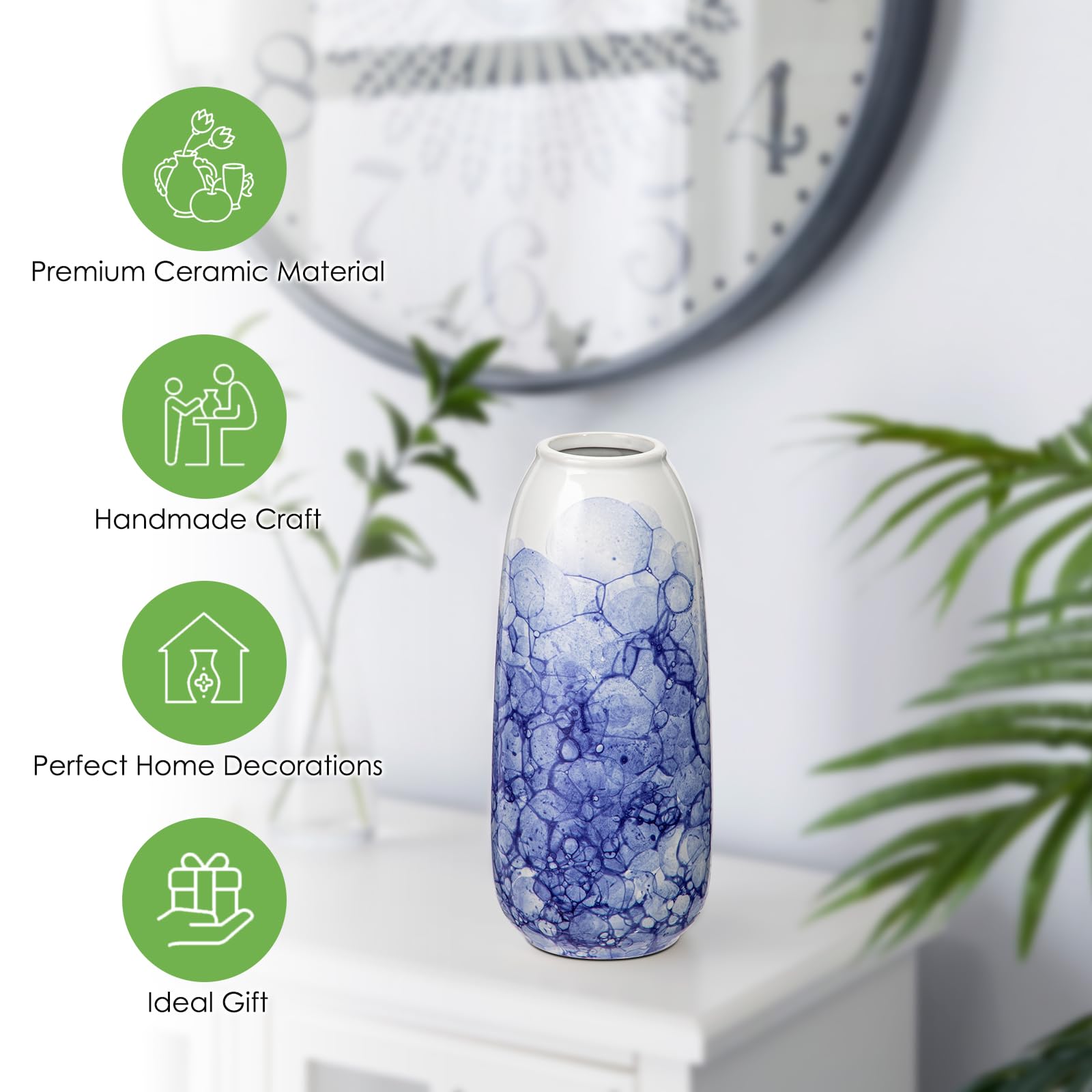 Hollyone 23CM Blue and White Ceramic Vase for Flowers Chinoiserie Porcelain Flower Vase for Home Decor Handmade Pottery for Living Room Shelf Dining Table Centerpiece Aesthetic Decorations - Image 3