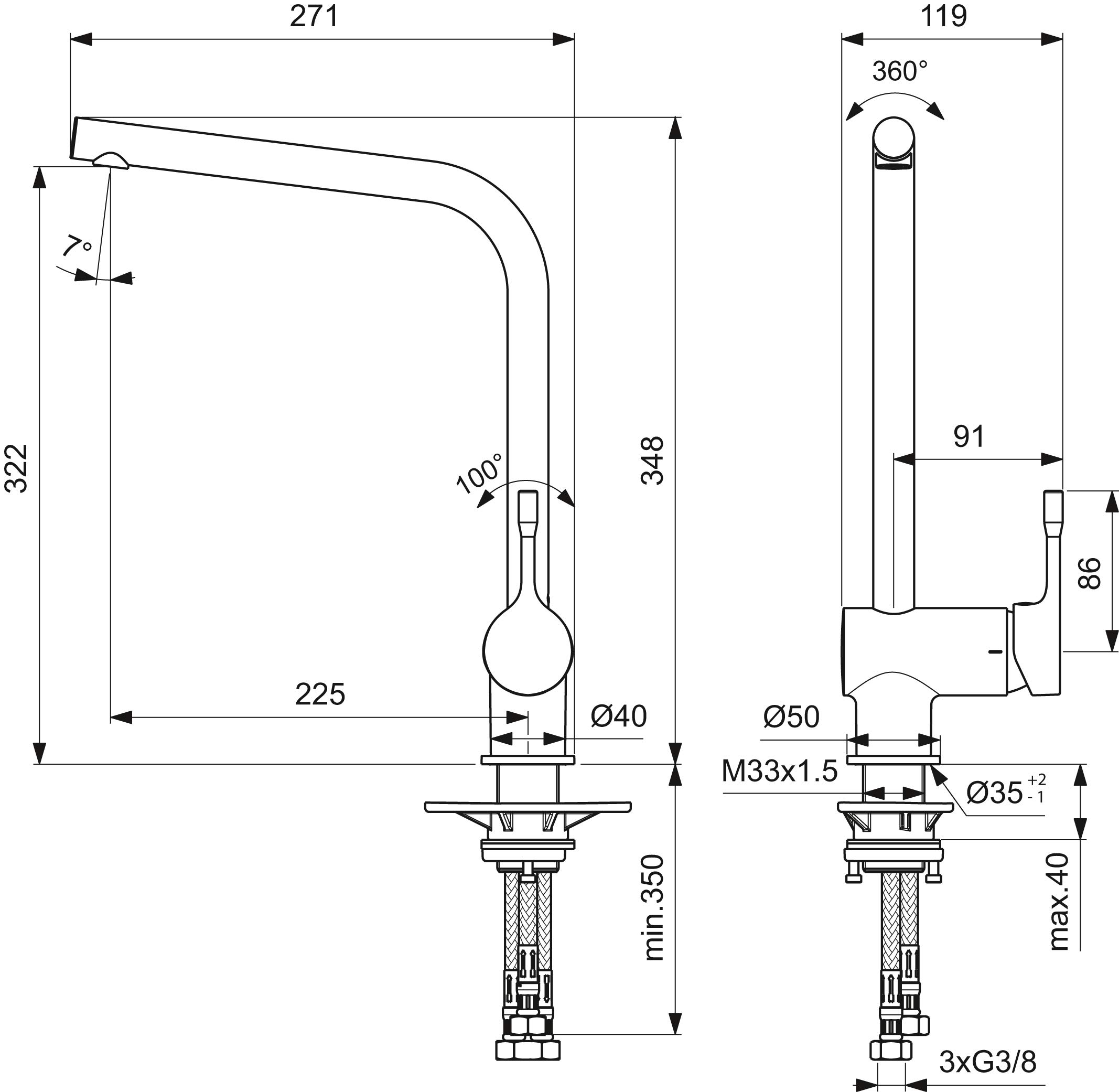 Ideal Standard Ceralook Küchenarmatur, hoher Auslauf, Niederdruck – Chrom