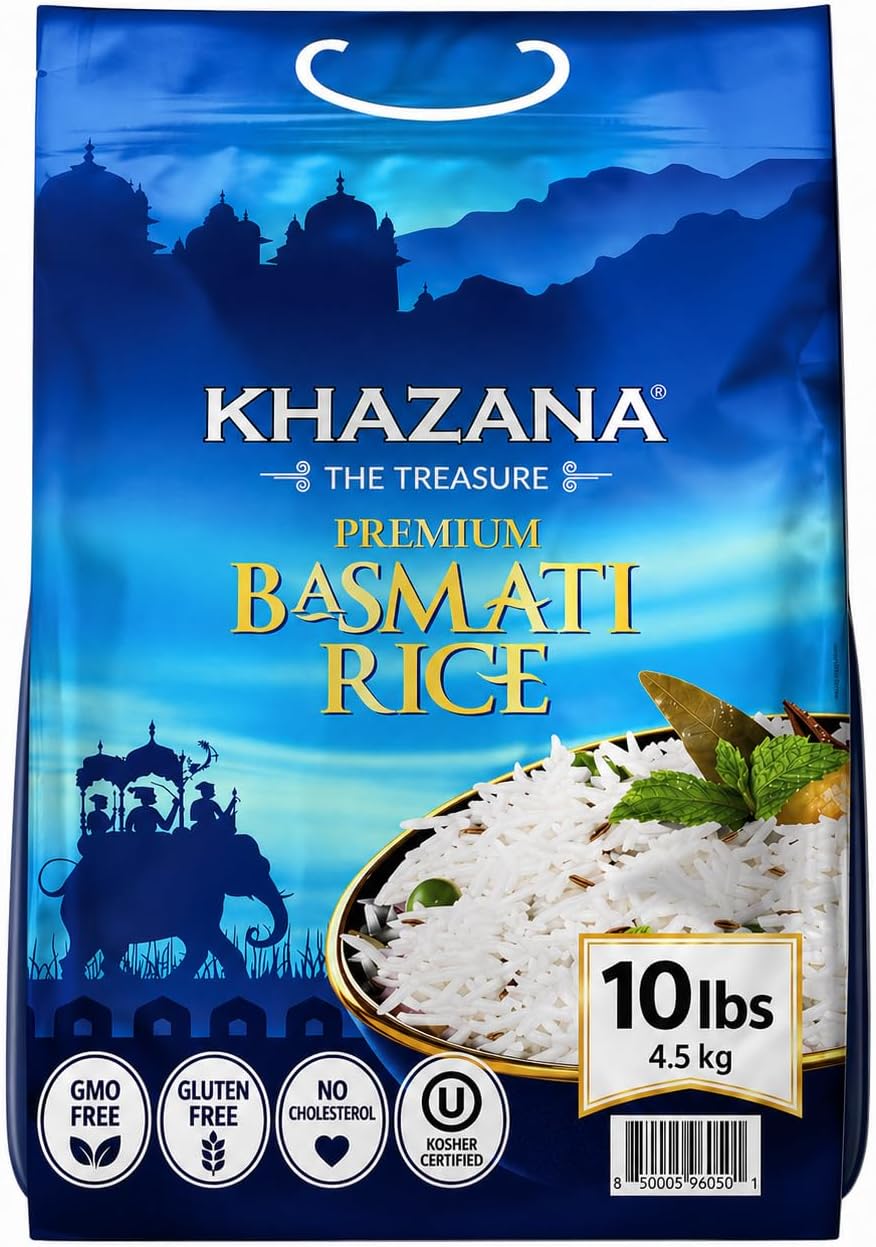 - Authentic Premium Basmati Rice by Khazana in 10 lb Bag - Aromatic and Flavorful Indian Grain - Non-GMO, Gluten Free, Kosher, Cholesterol Free
