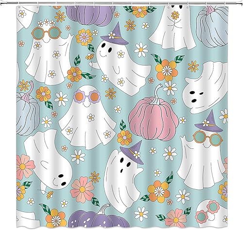 Miniatura 2 de Cortina de ducha de fantasma de Halloween, espeluznante, linda, retro, hippie con margaritas, divertida cortina de decoración de baño con ganchos,
