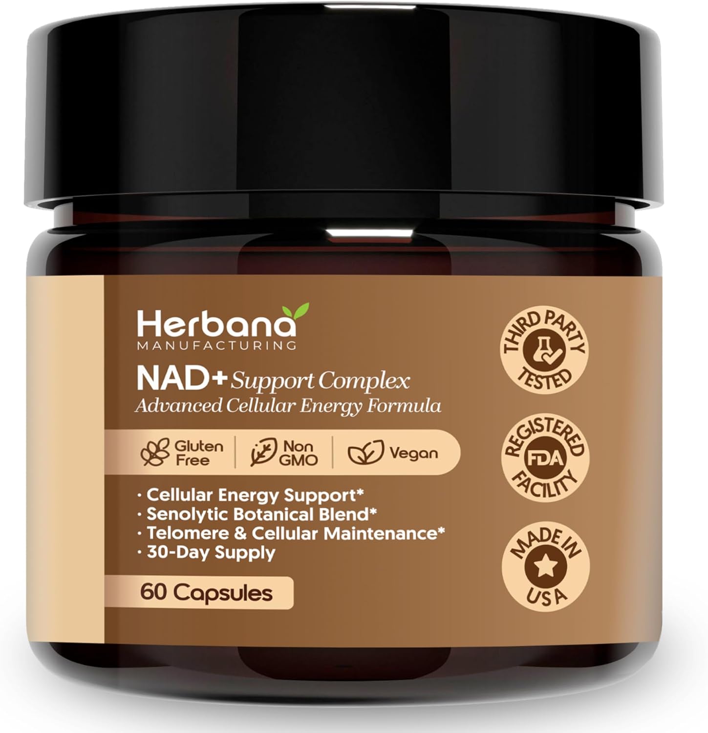 Herbana NAD+ Support Complex, Advanced Cellular Energy Formula with Nicotinamide Riboside, Trans-Resveratrol, Quercetin, 60 Capsules, 30-Day Supply