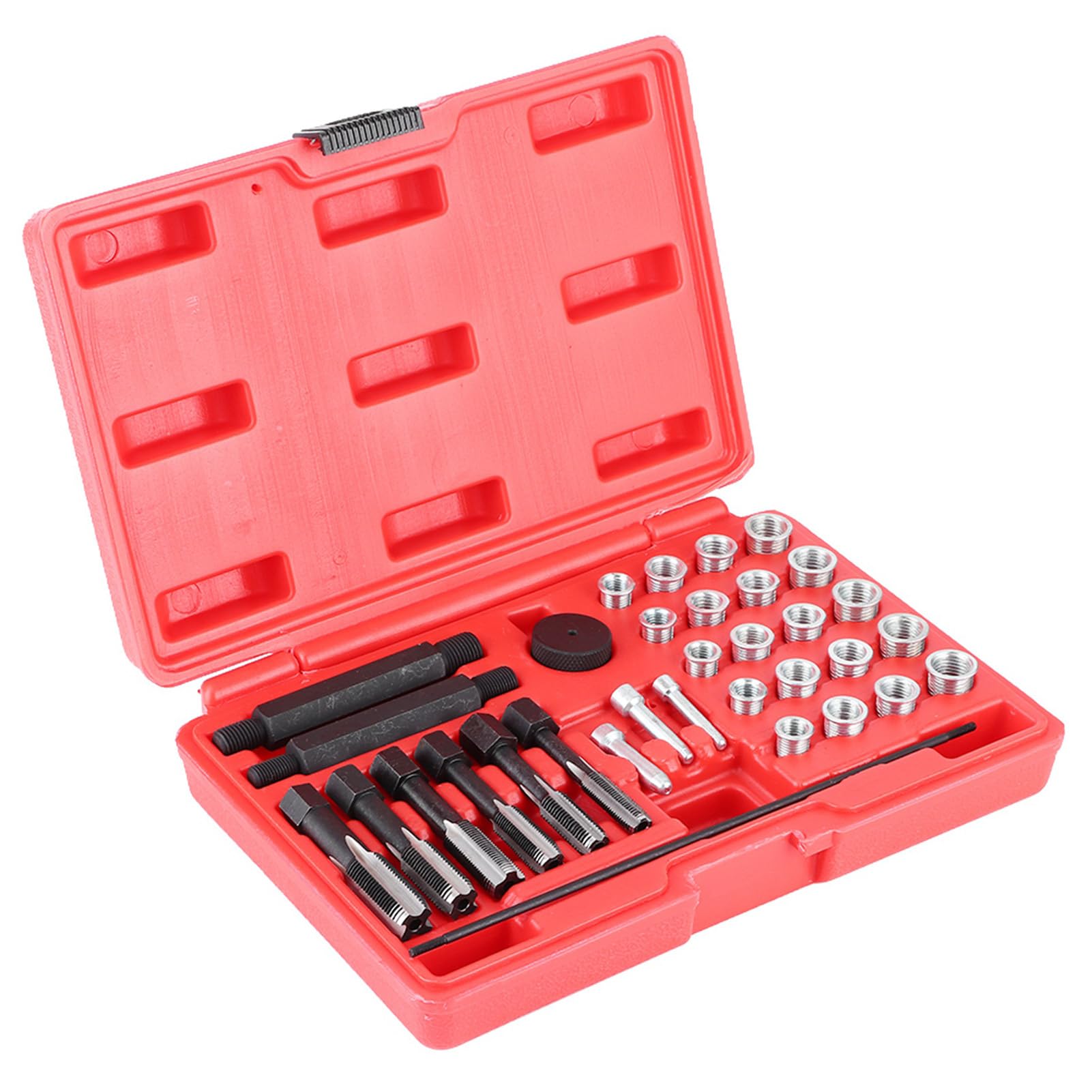 Jeffergarden Kit de Reparación de Roscas de Bujías Incandescentes de Acero y Acero A3 Juego de Controladores de Inserción de Bujías Incandescentes, 33 Piezas con 6 Grifos, 4 Tamaños de Inserción y
