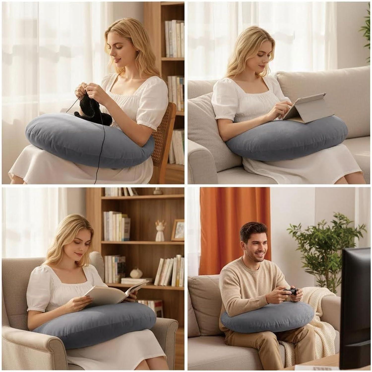 Crochet Pillow for Lap Support, with Arm & Elbow Support U-Shaped Gaming Pillow for Working, Reading, Laptop and Crocheting (Grey)