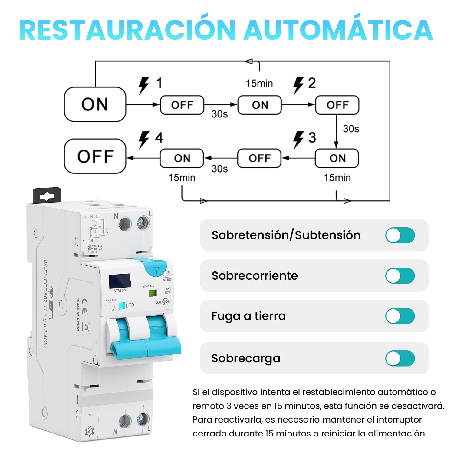 TONGOU Interruptor diferencial Superinmunizado WIFI/TUYA App， Auto Rearmable Disyuntor 1P+N，Rearme Automatico con Sobrecorriente y Fugas 1-40 A, 30-100 mA ajustable ，Clase AC 6Ka Carril Din RCBO