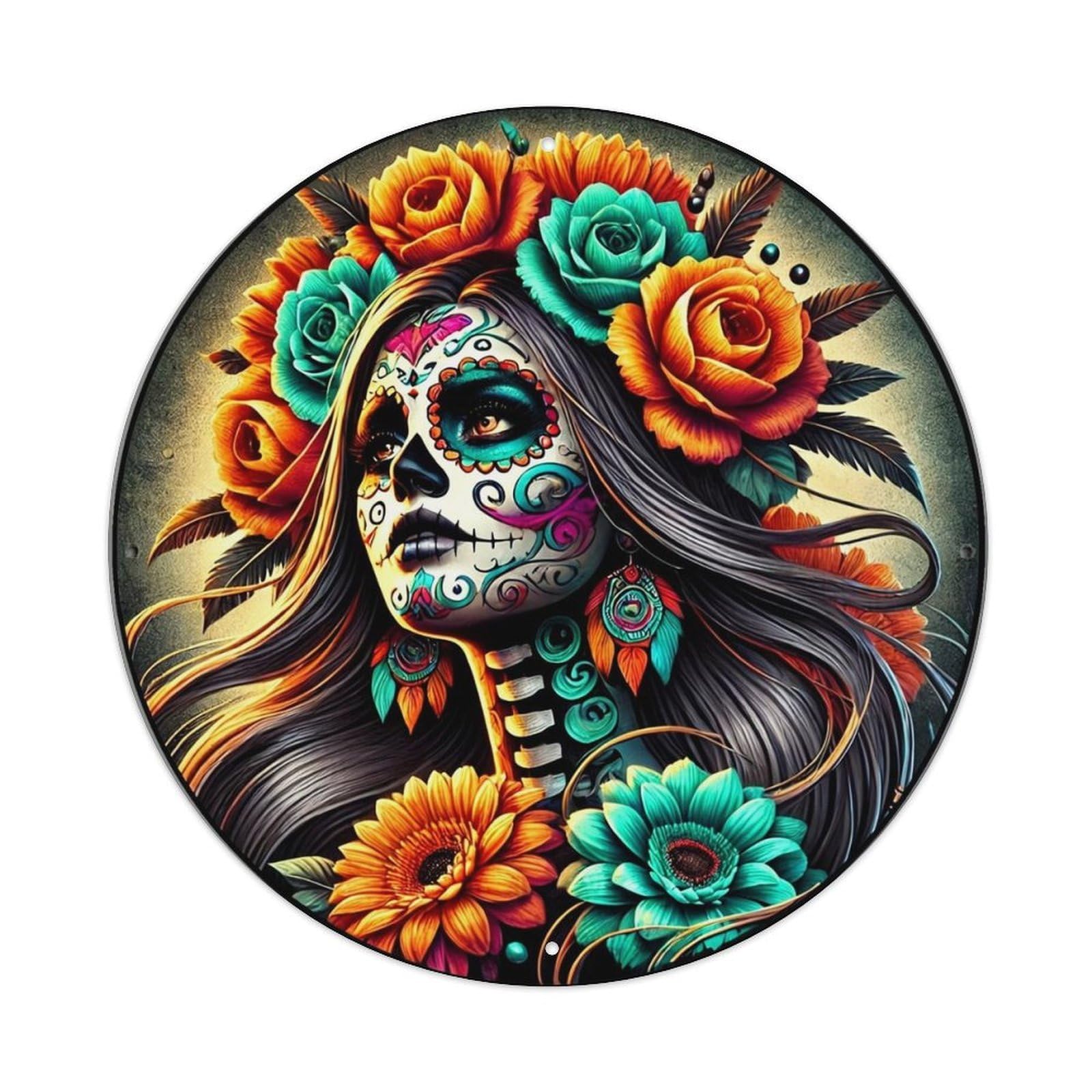 Day Of The Dead Art Round Metal Tin Sign Vintage Wall Decor, Bar Garage Cafe Kitchen Home Wall Art Poster 8x8inches