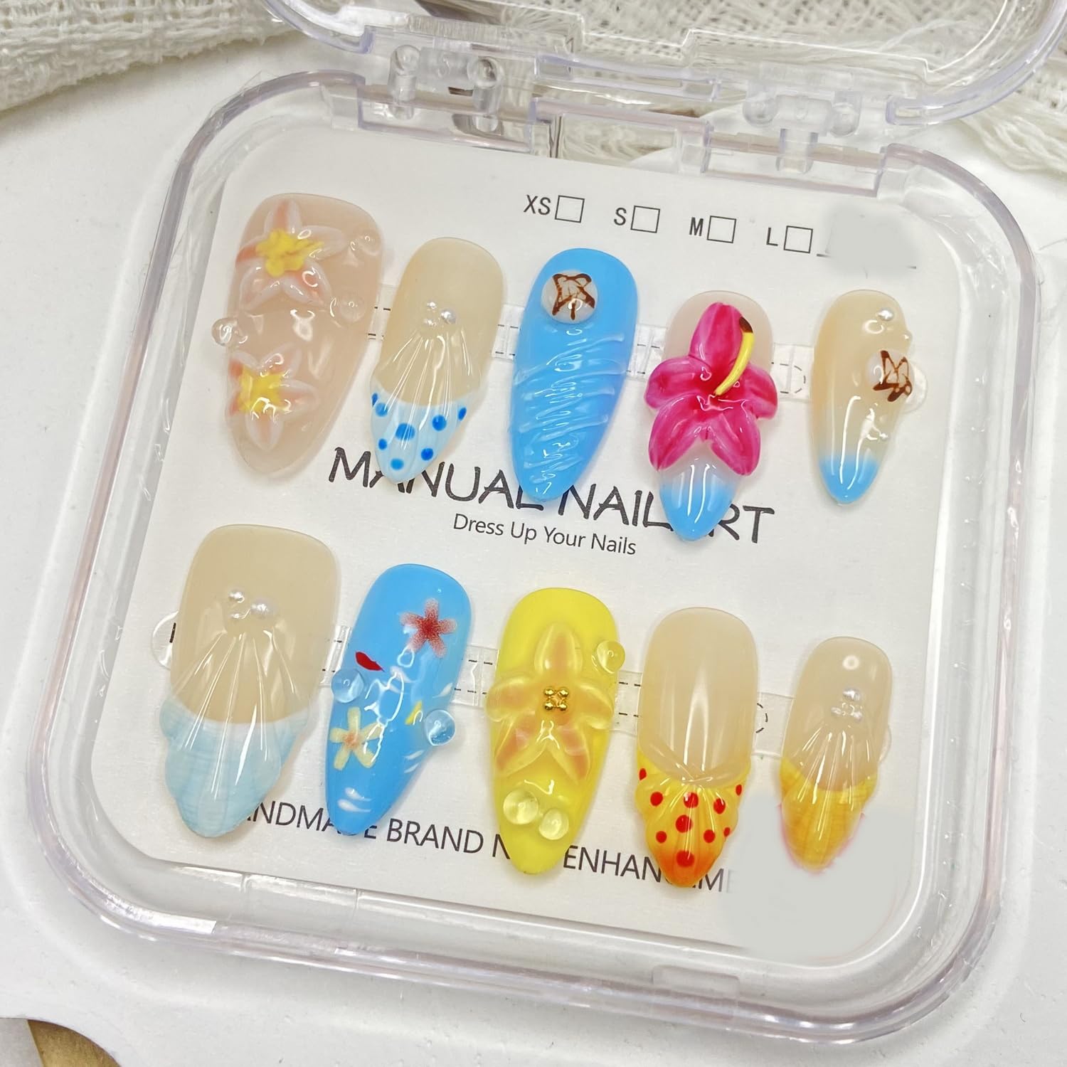 Handmade Press on Nails Summer Shell Press on Nails Medium Almond Fake Nails Flower French False Nails Starfish for Girls Manicure Art Decoration