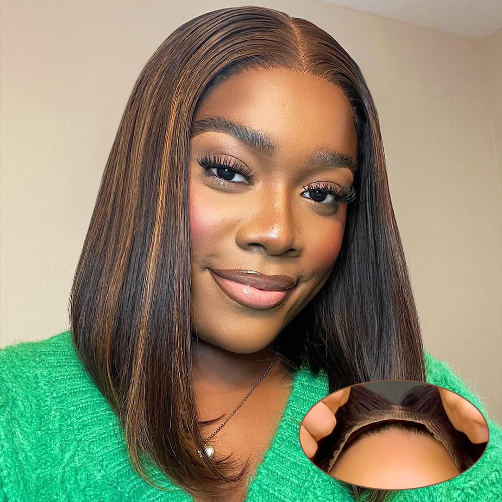 Smilegirl Ombre Brown Glueless Short Human Hair Wigs, Wear and Go Straight Bob 200% Density 5x5 hd lace closure wigs human hair with Natural Hairline for Women(14 inch)