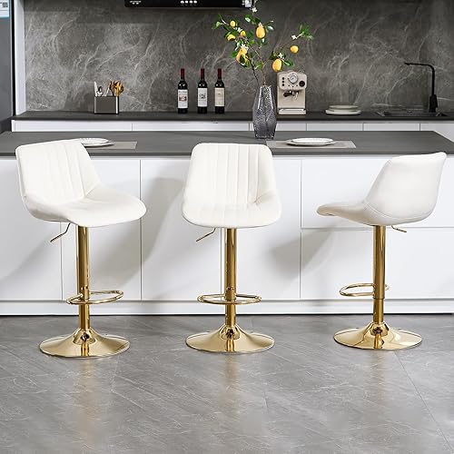 Juego de 3 taburetes de bar ajustables de terciopelo, modernos taburetes giratorios con respaldo, base de metal dorado y reposapiés, sillas de bar