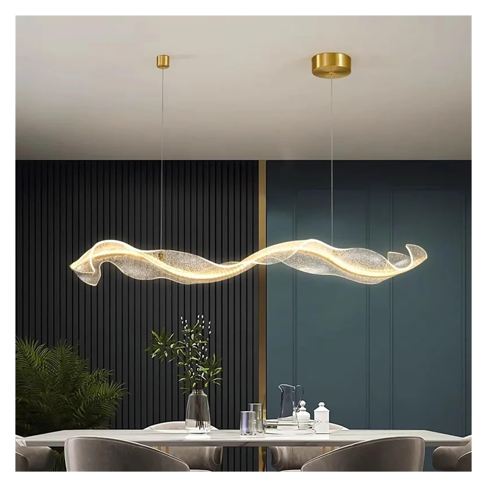 Lampada a sospensione LED lineare a onda artistica con cornice dorata e nastro in resina, luce ambientale calda, ideale per isola cucina, sala da pranzo, soggiorno e arredamento casa. (Length180cm)