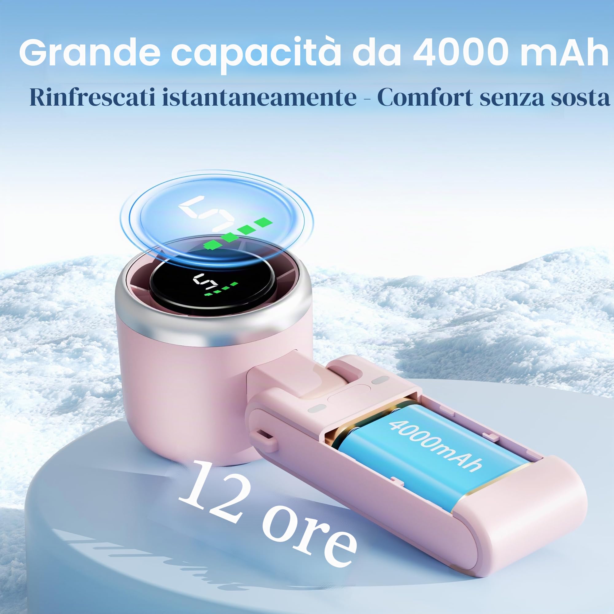 Morelax Ventilatore Portatile a Mano, Raffreddamento Turbo 10m/s, 5 Velocità con Display a LED, 4000 mAh, Ventilatore Pieghevoleda Scrivania/Collo/Tasca per Viaggi, Trucco, All'aperto, Rosa