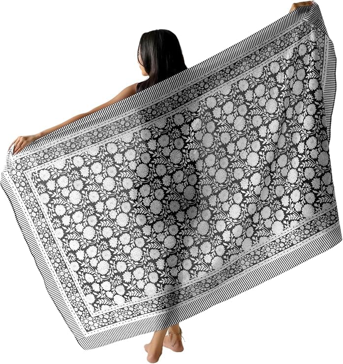 100% Cotton Sarong Coverup for Women Indian Hand Block Print Swimsuit Pareo Wrap Skirt Beach Bikini Cover Up Long (73" x 43")4