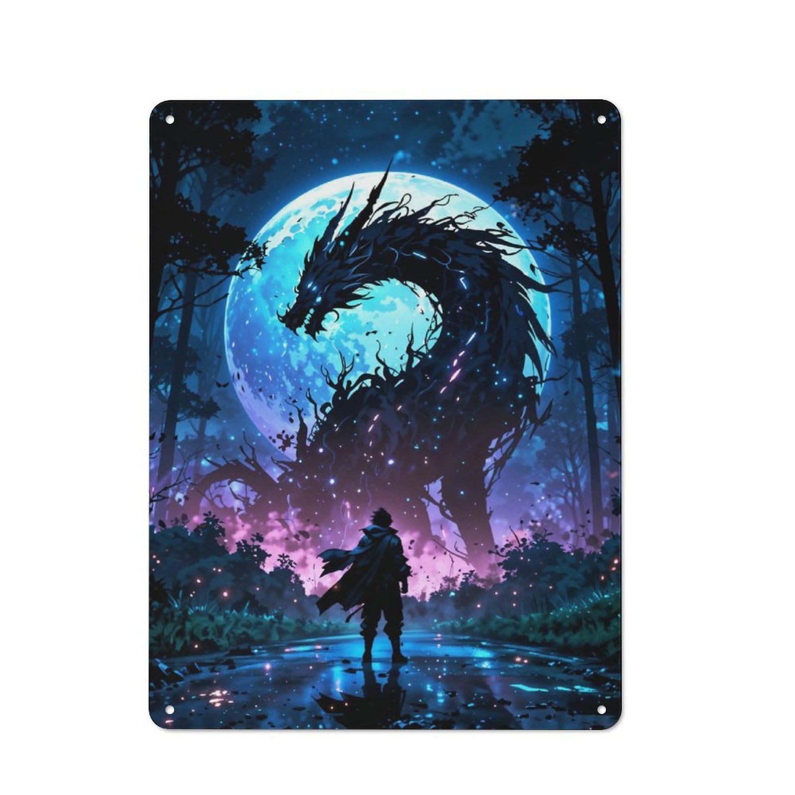 Junmoney Moonlit Dragon Confrontation Retro Metal Wall Decor 40X30cm, Vintage Metal Sign For Coffee Bar, Small Shop Or Dining Room