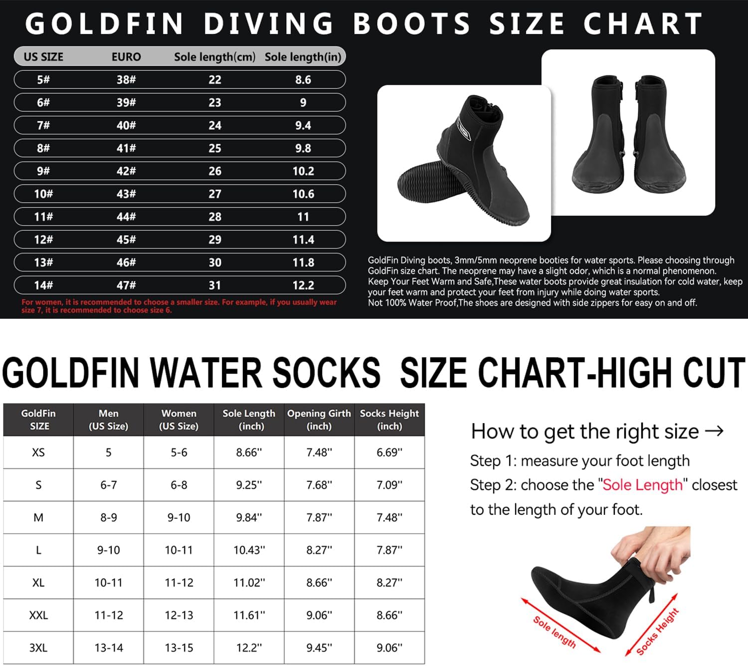 GoldFin 3MM Diving Boots Size 10 + Two Pairs 3MM Diving Socks Large