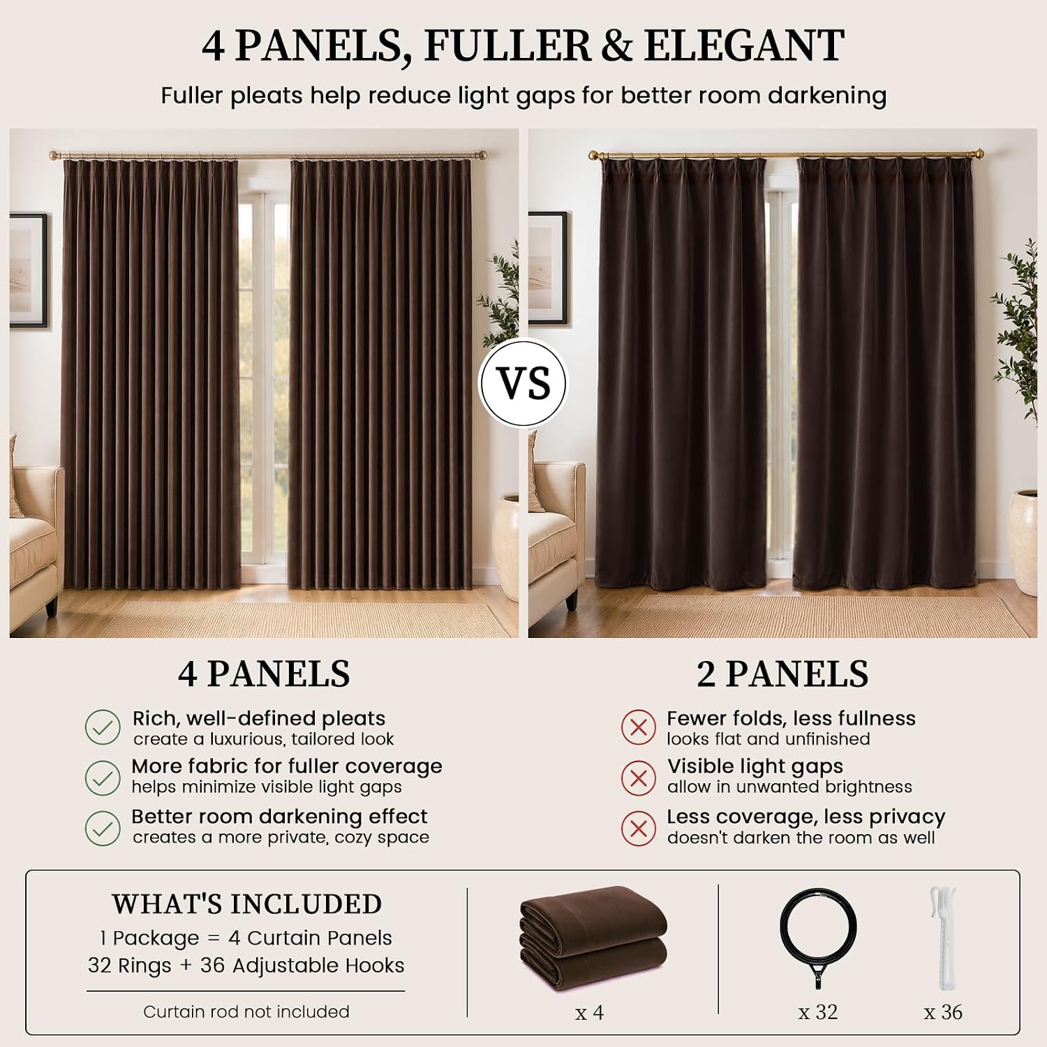 Topfinel Brown Pinch Pleated Velvet Curtains 84 Inches Long 4 Panels Set