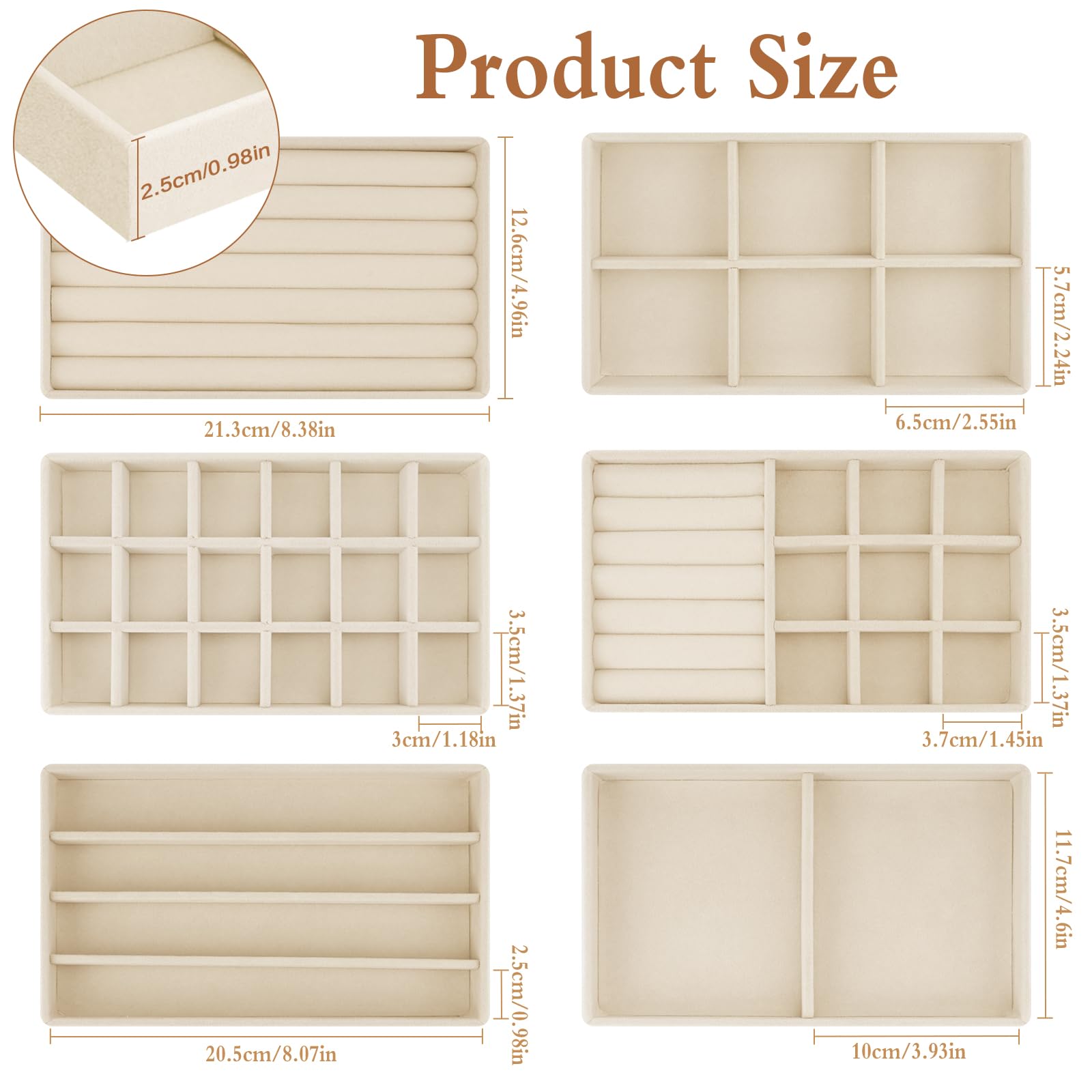 SUKARNE 6 bandejas para joyas, terciopelo para cajones, organizador de joyas apilable, cajón de almacenamiento para pendientes, anillos, pulseras, broches, collares (beige)