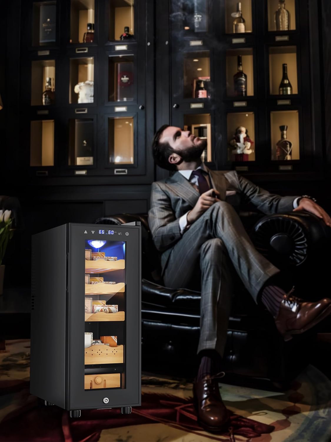 Electric Humidor, 35L 250 Counts Large Capacity, Thermostatic Electric Cooler Cabinet with Digital LED Screen, Smart Humidity & Temp Control with Safety Lock,Gifts for Men (Black)