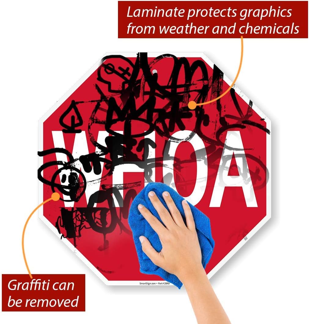 SmartSign - K-6934-AL-18o18 WHOA Funny Stop Sign By | 18" x 18" Aluminum White on Red