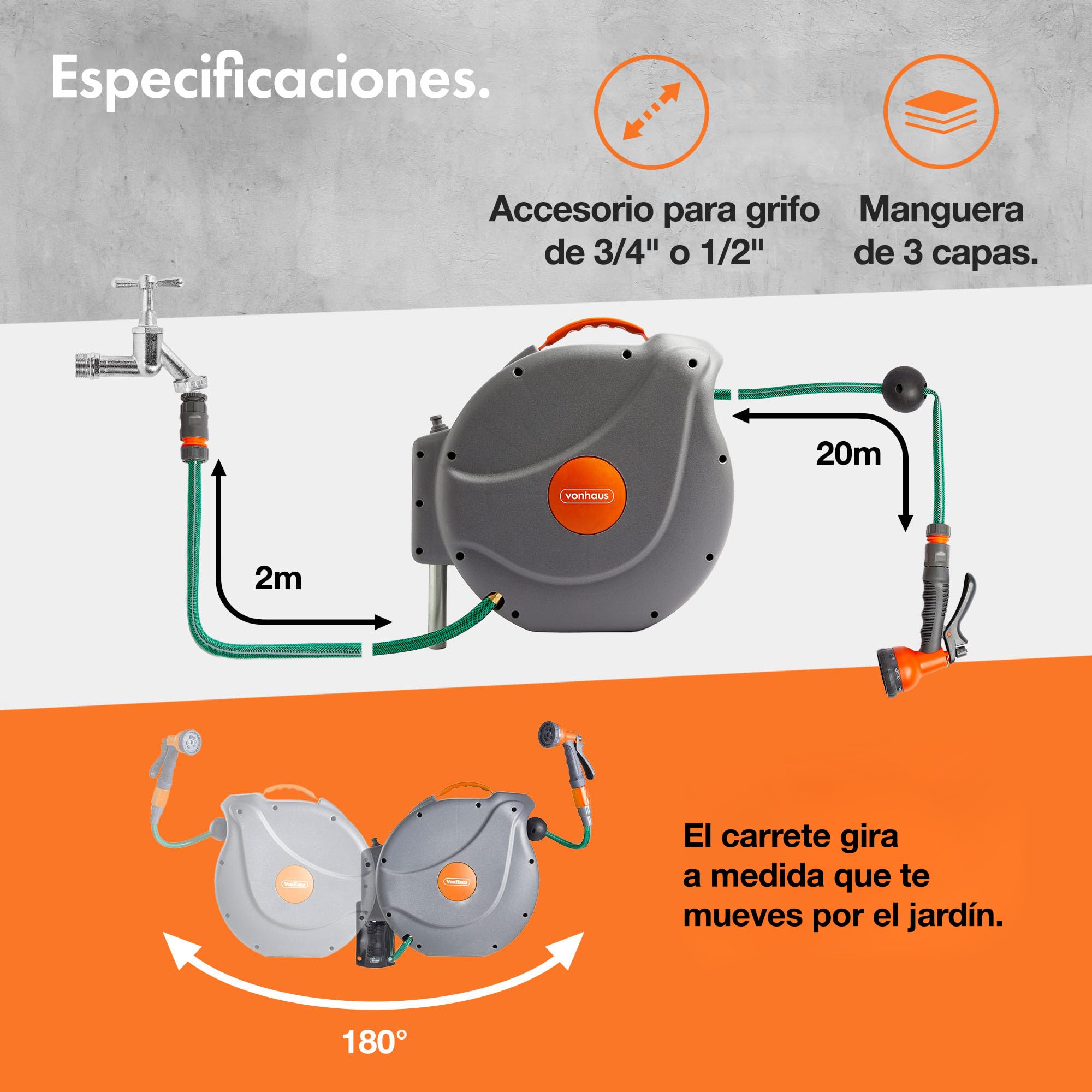 VonHaus Enrollador de Manguera de 20 m: Enrollador de Manguera de pared para Jardín, Retráctil, con Bloqueo Automático, incluye Accesorios de Montaje y pistola rociadora con 8 funciones