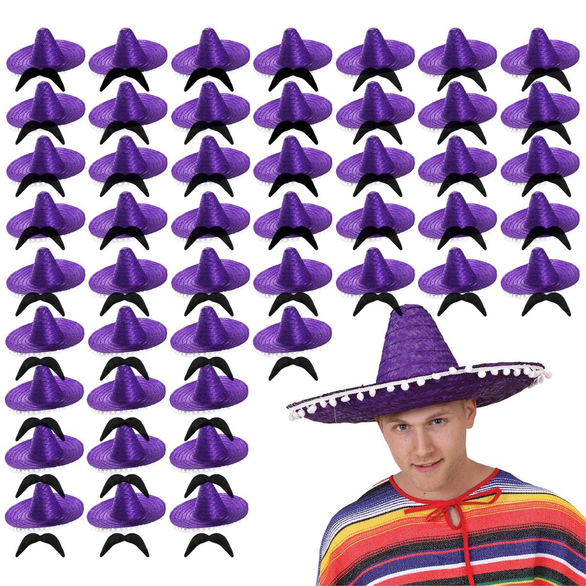 Mexican Sombero with Pom Pom Edges Fancy Dress Accessory With Moustache - Mexican Hat Straw Holiday Stag Night Clubbing Bandito - Purple - Pack of 12