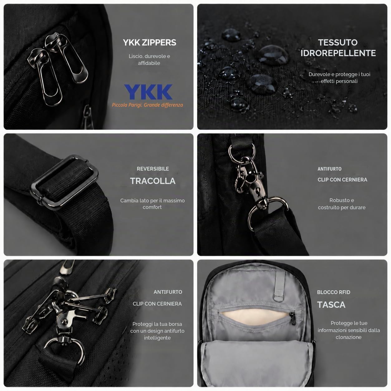 Borsa a tracolla, borsa a tracolla antifurto per uomo, impermeabile, multi tasche, borsa a tracolla per viaggi, sport casual