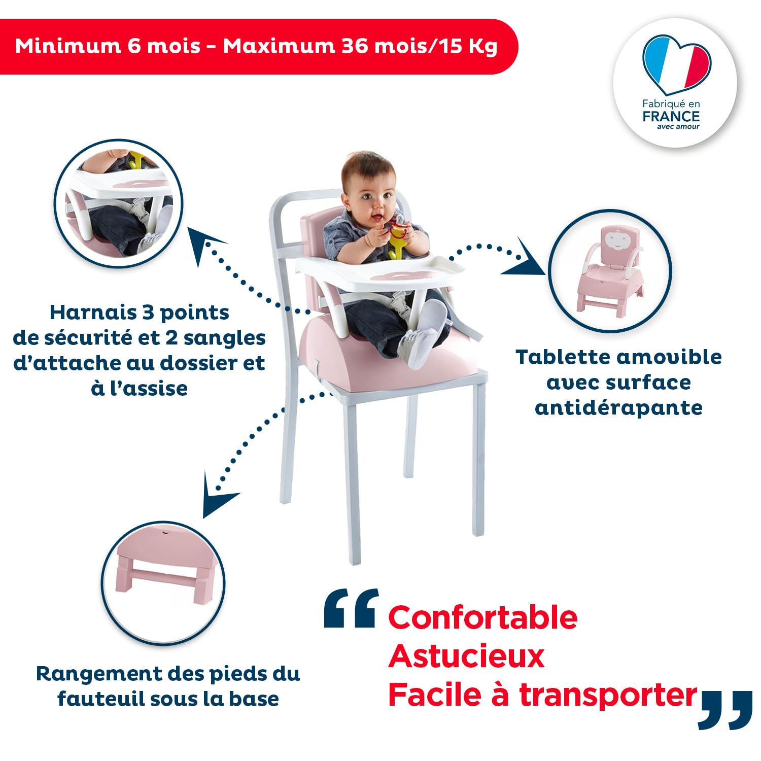 THERMOBABY Chair Booster - puderrosa | Sitzerhöhung mit abnehmbarem Tablett und 3-Punkt-Gurtsystem, erweiterbar zum Kindersessel. Ab 6 Monaten bis 15 kg.