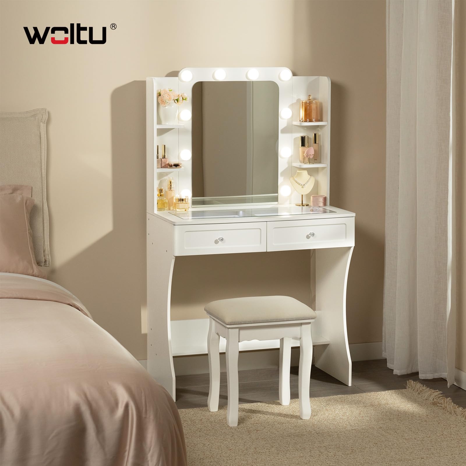 WOLTU Coiffeuse avec Miroir LED, Plateau en Verre, Blanche