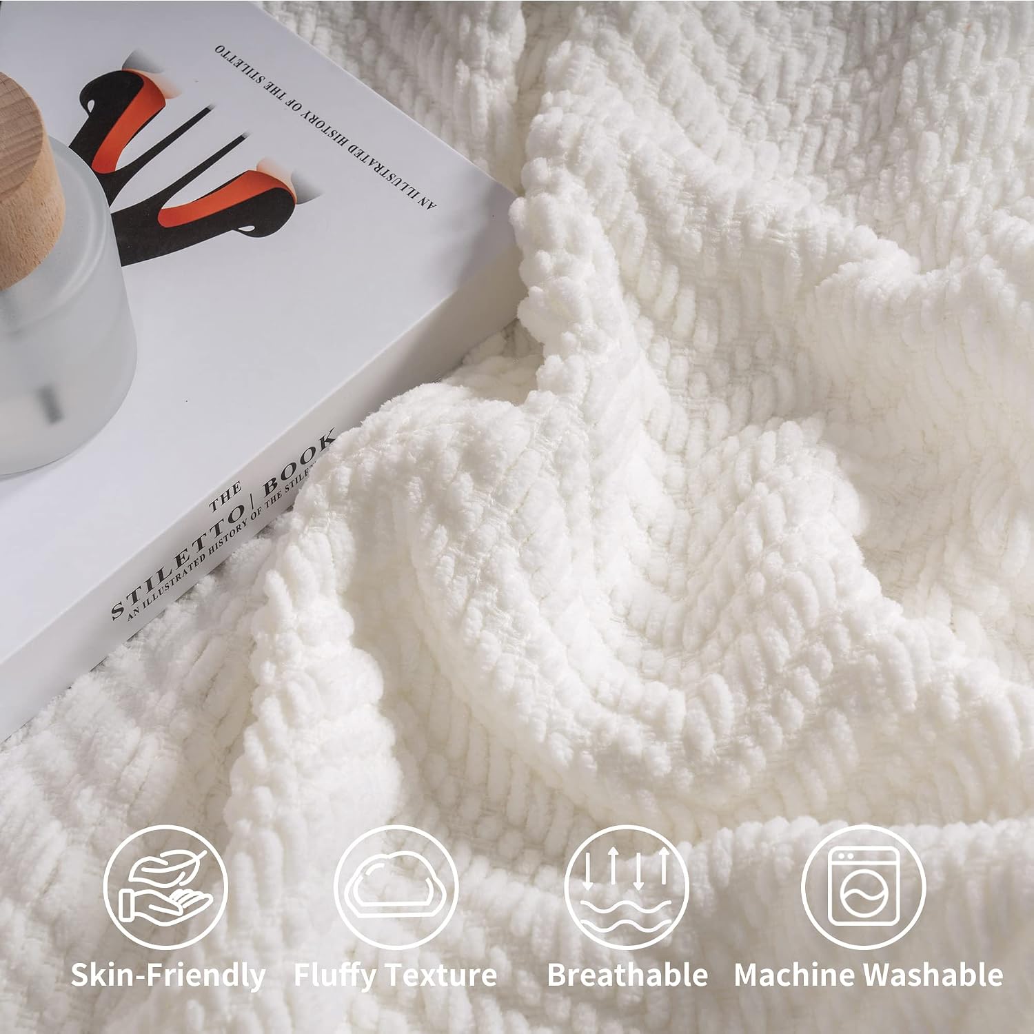 RECYCO Chenille Knit Throw Blanket for Couch, Versatile Decorative Woven Knit Chenille Blanket for Bed, Super Soft Warm & Cozy Knitted Throw Blanket with Tassels for Sofa, Chair. Cream White, 60“x80