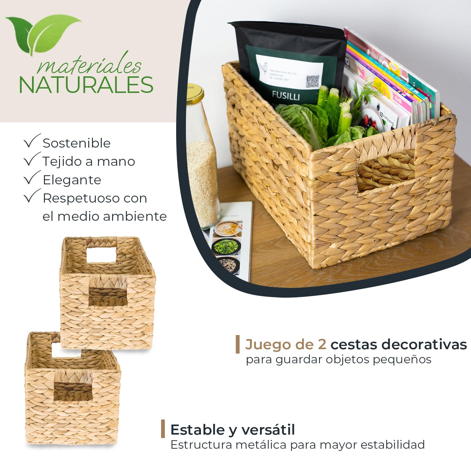 HMF Cesta de almacenaje trenzada organizadora de jacinto de agua, cesta decorativa con asas para baño, cocina, salón y estantería | Juego de 2 | Tamaño M | 32 x 23 x 20 cm | Natural