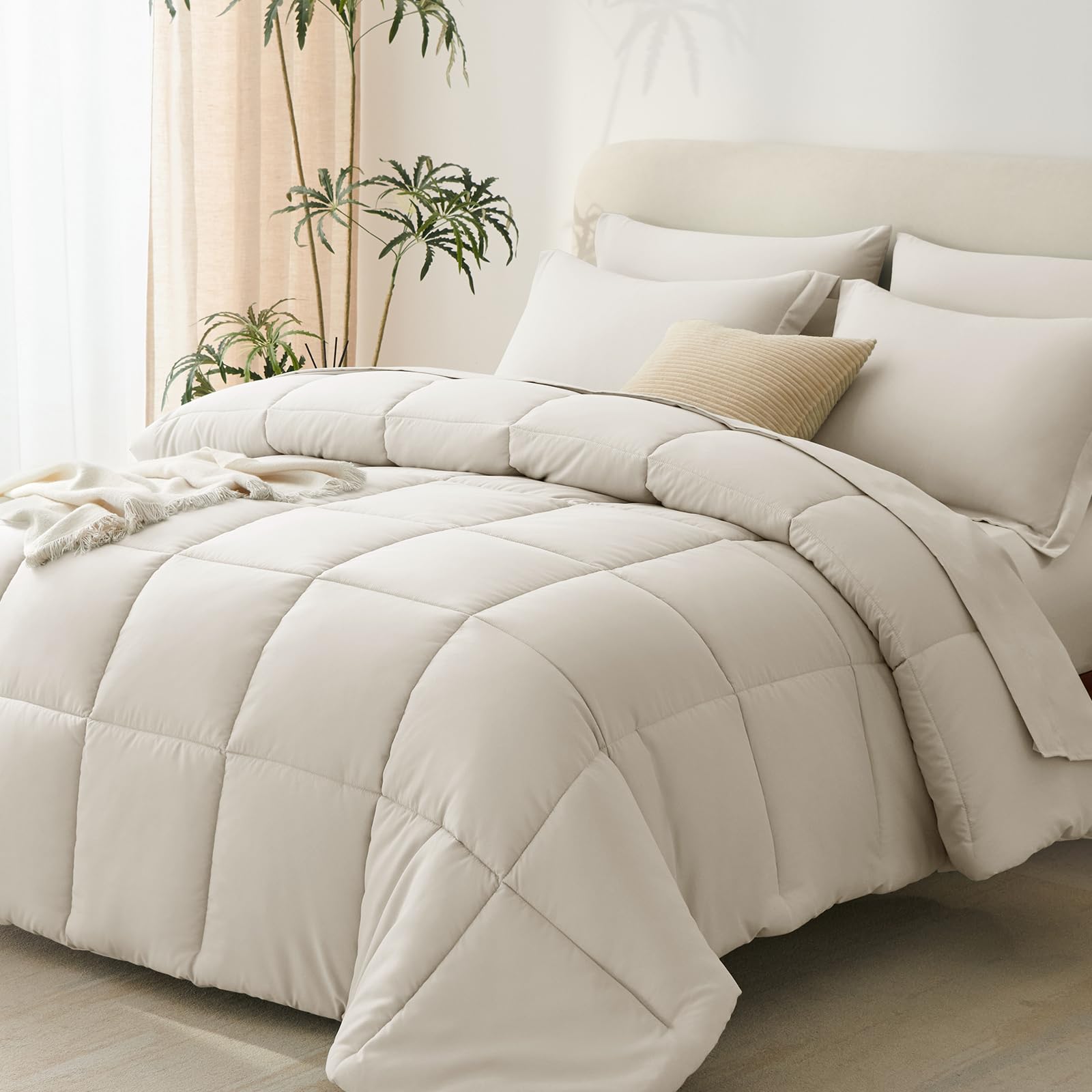 CozyLux Comforter Set Queen 7 Pieces Beige Queen Comforter Set Bedding Sets for All Season with Comforter, Flat Sheets, Fitted Sheet, Pillowcases & Shams