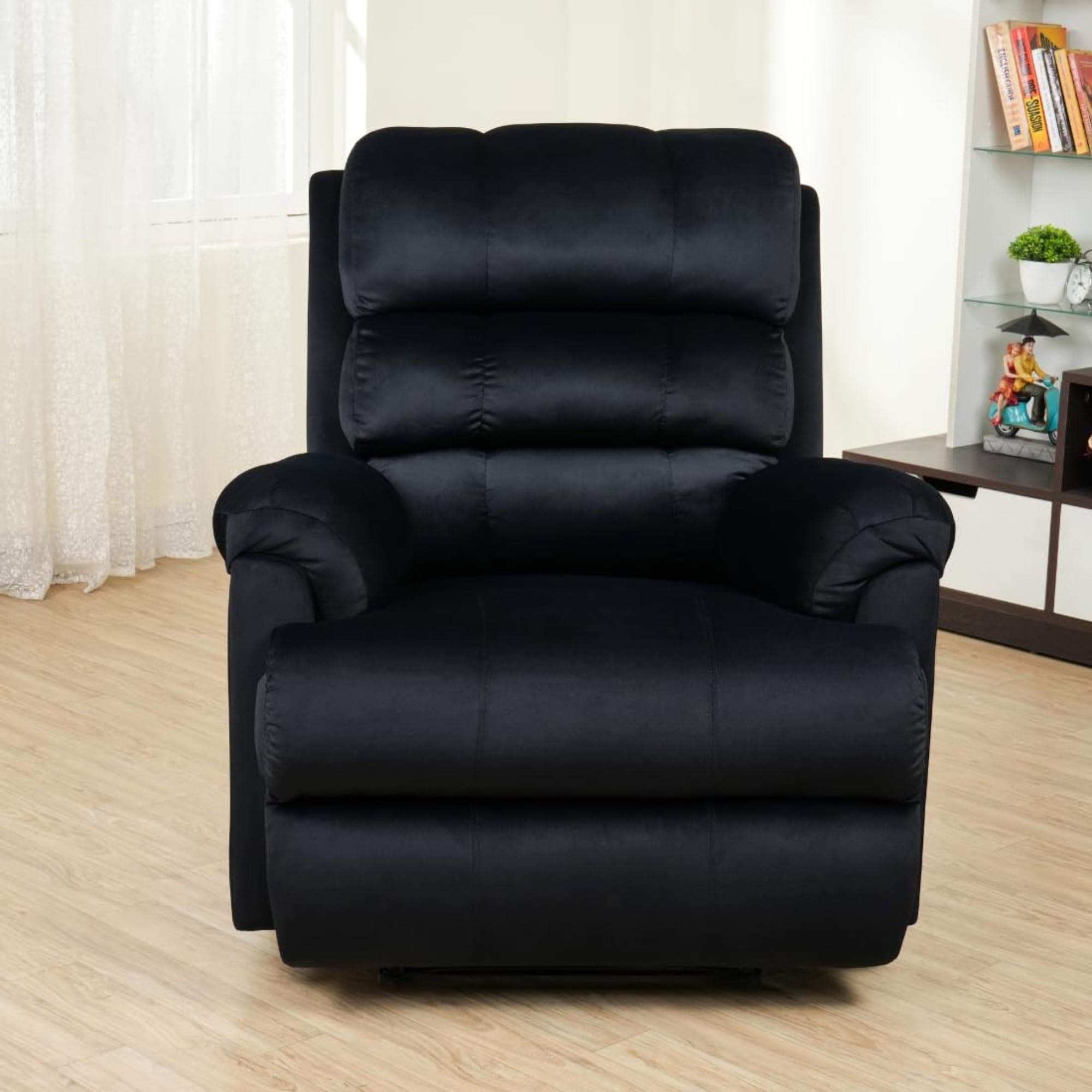 Solis Royale 1 Seater Recliner Sofa Chair Suede Fabric | Hush Puffy Manual Recliner Lounge Sofa for Relaxing | Comfortable Cushioned | Living Room Bedroom Home,Office (Black, Cushioned)