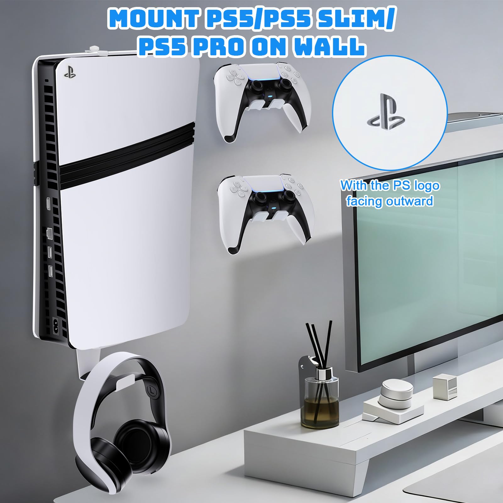 Supporto da Parete per PS5, Staffa da Parete per PS5/PS5 Slim/PS5 Pro Staffa per Montaggio a Parete per PS5/PS5 Slim/PS5 Pro in Acciaio con Gancio per Cuffie, 2 Supporti per Controller