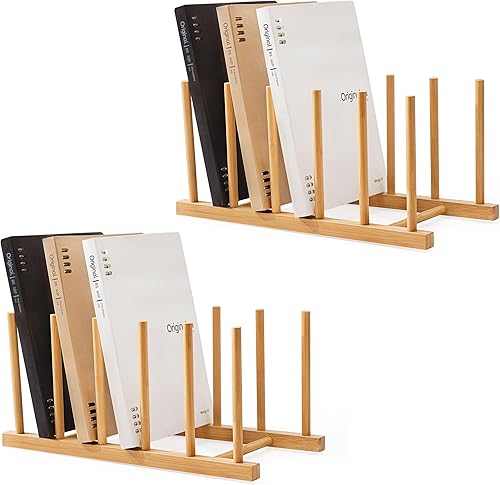 Miniatura 8 de HBlife Organizador de archivos de escritorio, clasificador de archivos vertical de 5 secciones, 1 paquete de soporte de archivo de bambú para el