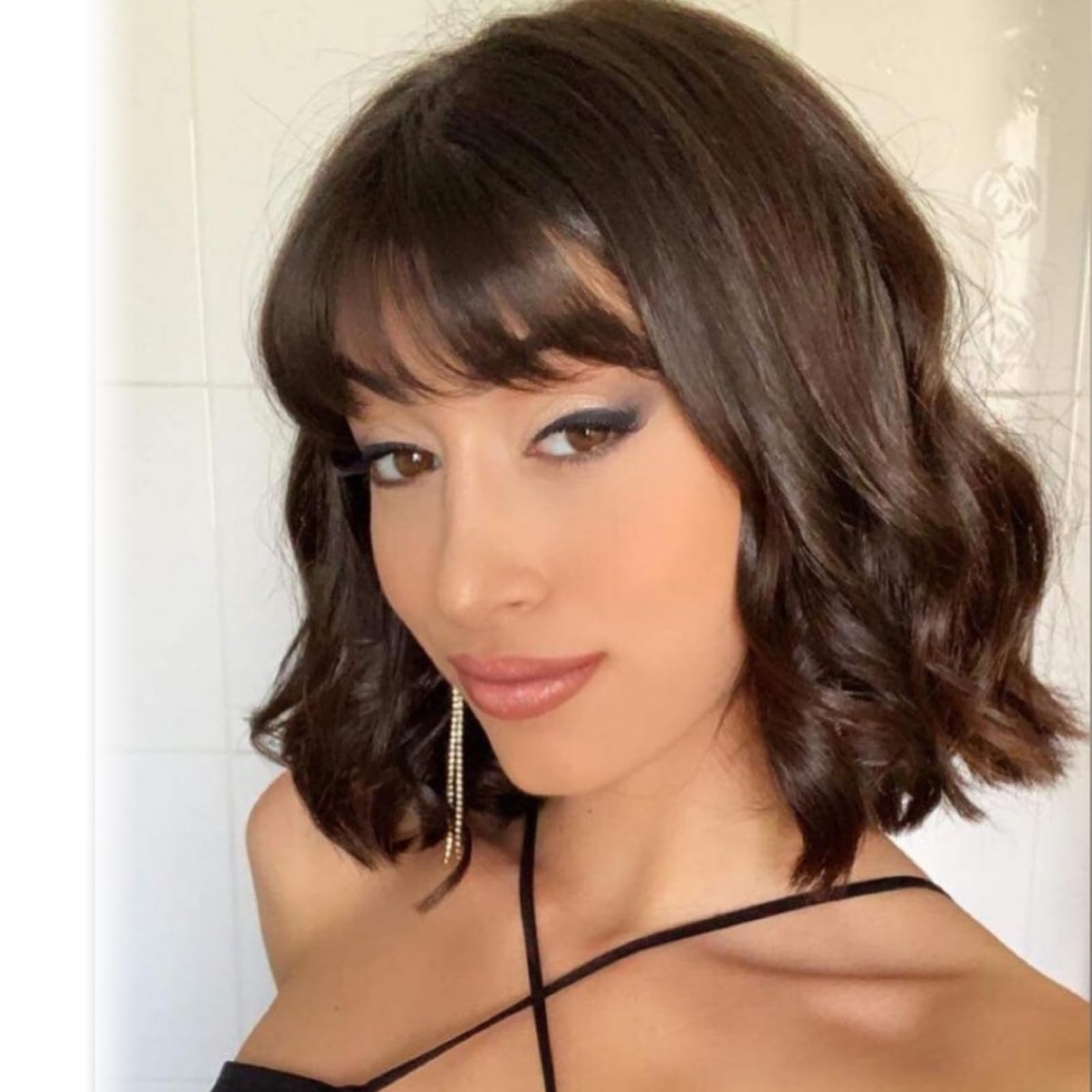 BUYOGET Wavy Bob Wig with Bangs Synthetic Hair Shoulder Length 12 Inch Short Curly Wigs for Women Natural Dark Brown