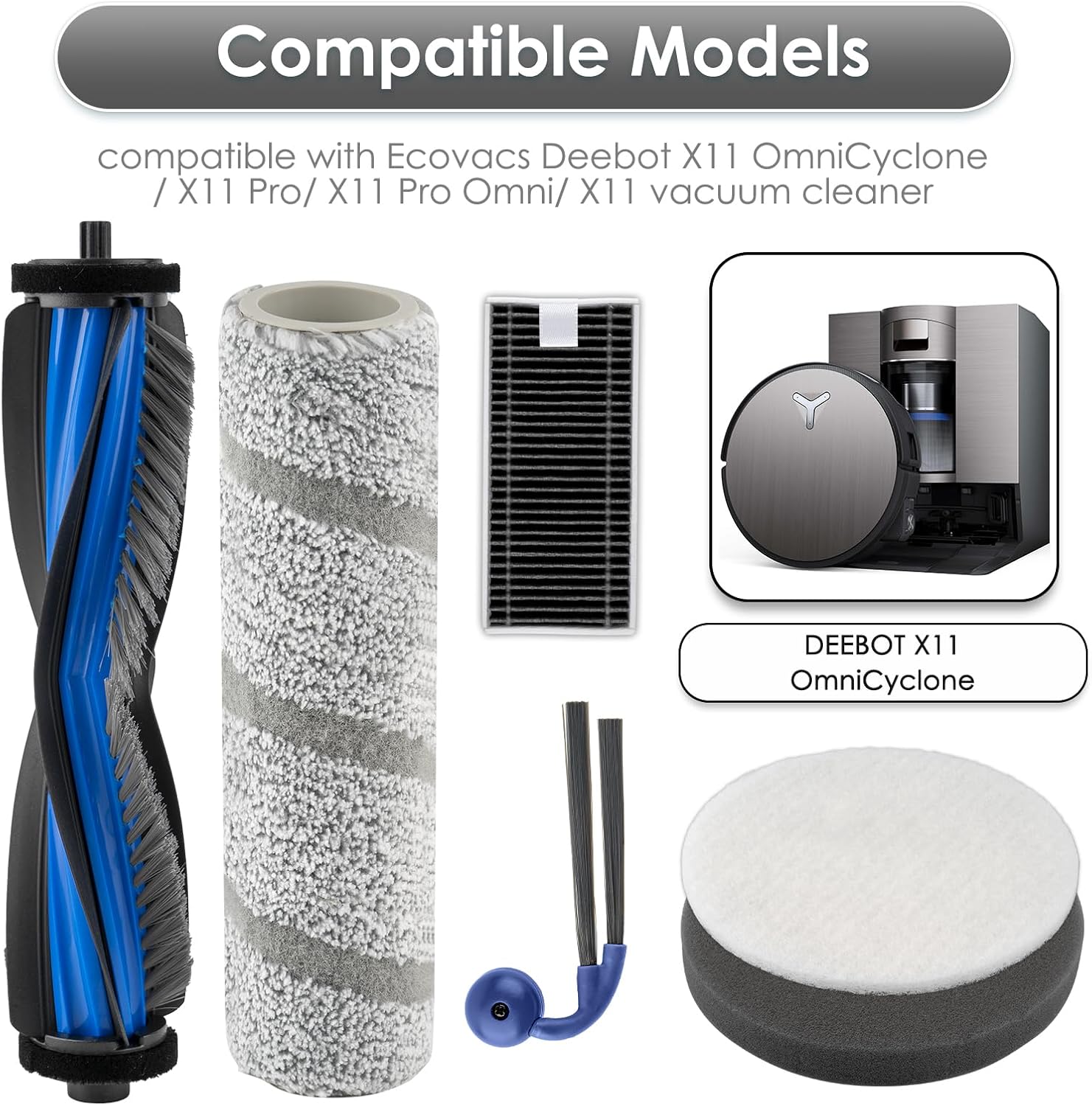 20 Pack X11 OmniCyclone Replacement Parts for ECOVACS DEEBOT X11 OmniCyclone Robot, 2 Roller Brushes, 2 Roller Mops, 6 HEPA Filters, 2 Grey+2 White Foam Filters for Base Station, 6 Side Brushes