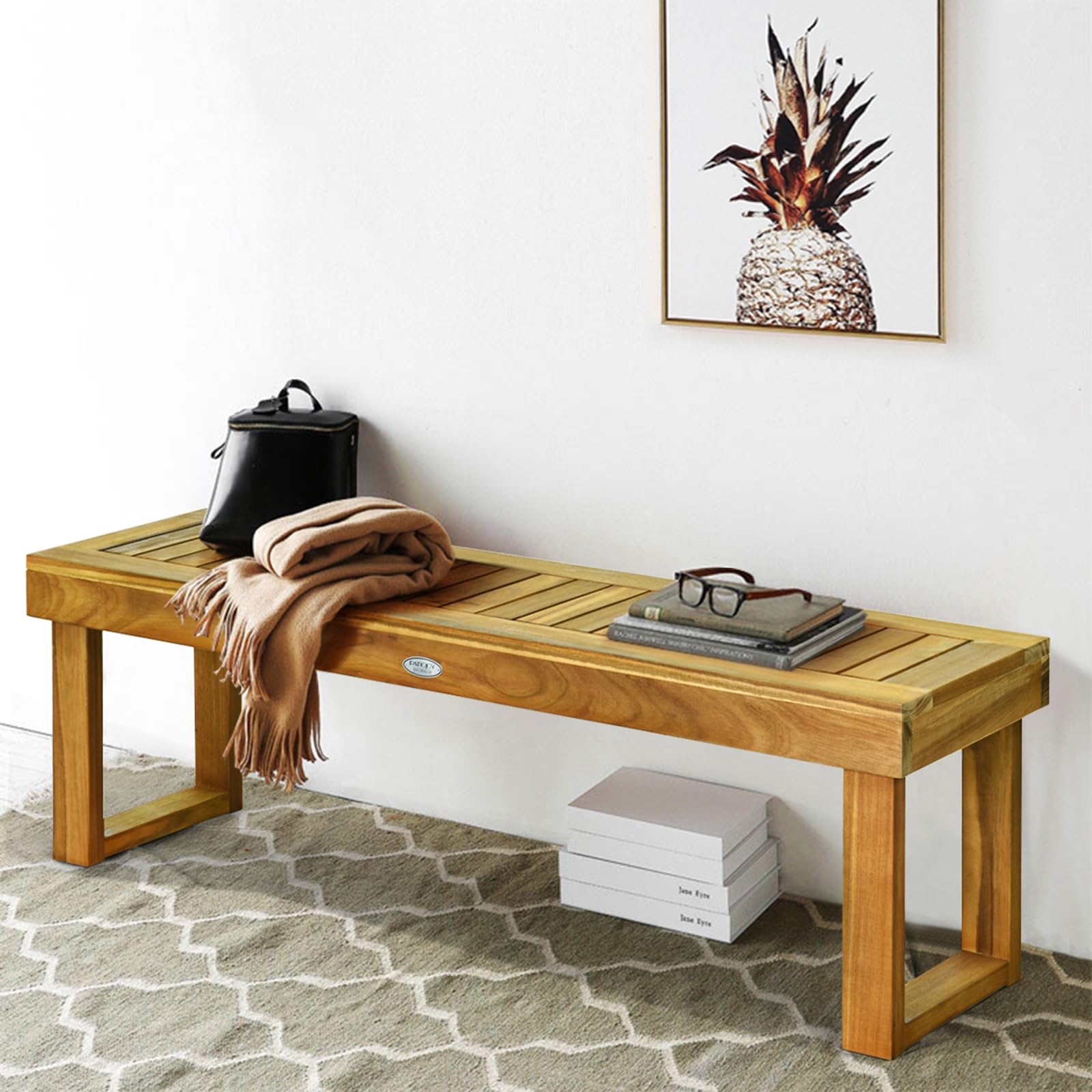 COSTWAY Banco de Madera de Acacia para Patio, Banco de Exterior con Asiento de Listones para Comedor, Banco sin Respaldo para Jardín Patio Piscina Balcón (con Barra de conexión)