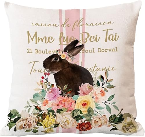 Miniatura 5 de Funda de almohada de flores silvestres de primavera, funda de almohada de conejo de Pascua, funda de cojín retro de París, decoración de Pascua,