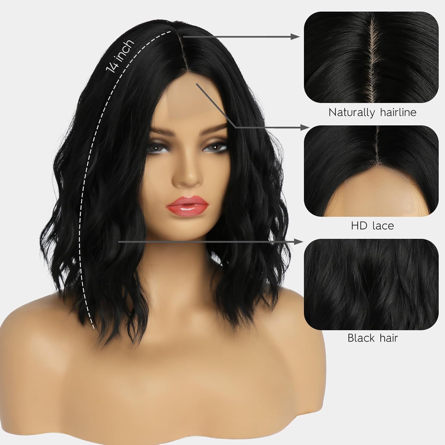 Simkaylee Short Black Wavy Wig for Women Shoulder Length Middle Part Curly Wave Bob Wig Natural Looking Synthetic Heat Resistant Fiber Wigs for Daily Party Use (14 Inch) - Image 2