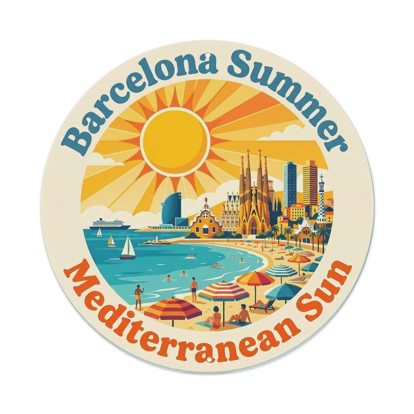 Barcelona Mediterranean Summer Adventure Destination Scenery Metal Tin Sign Plaque Wall Decor for Cafe, Man Cave, Club Bar, Office, Home Garden Round Metal Poster 8x8Inch