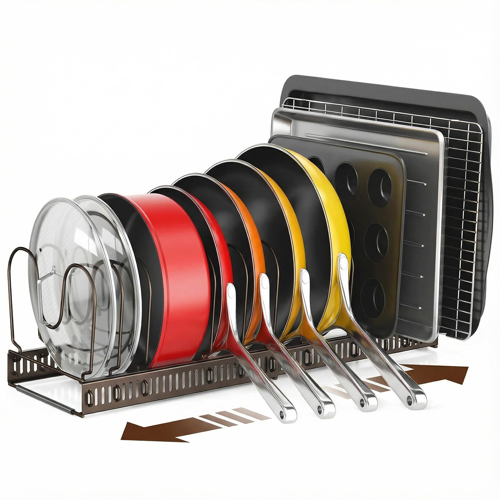 Photo 1 of ORDORA Pots and Pans Organizer under Cabinet with Pan Holder: Expandable 11.8"-22.8" Kitchen Cabinet Organizer Rack, 12 Adjustable Dividers Storage for Cookie Sheets, Cutting Boards & Lid, Bronze