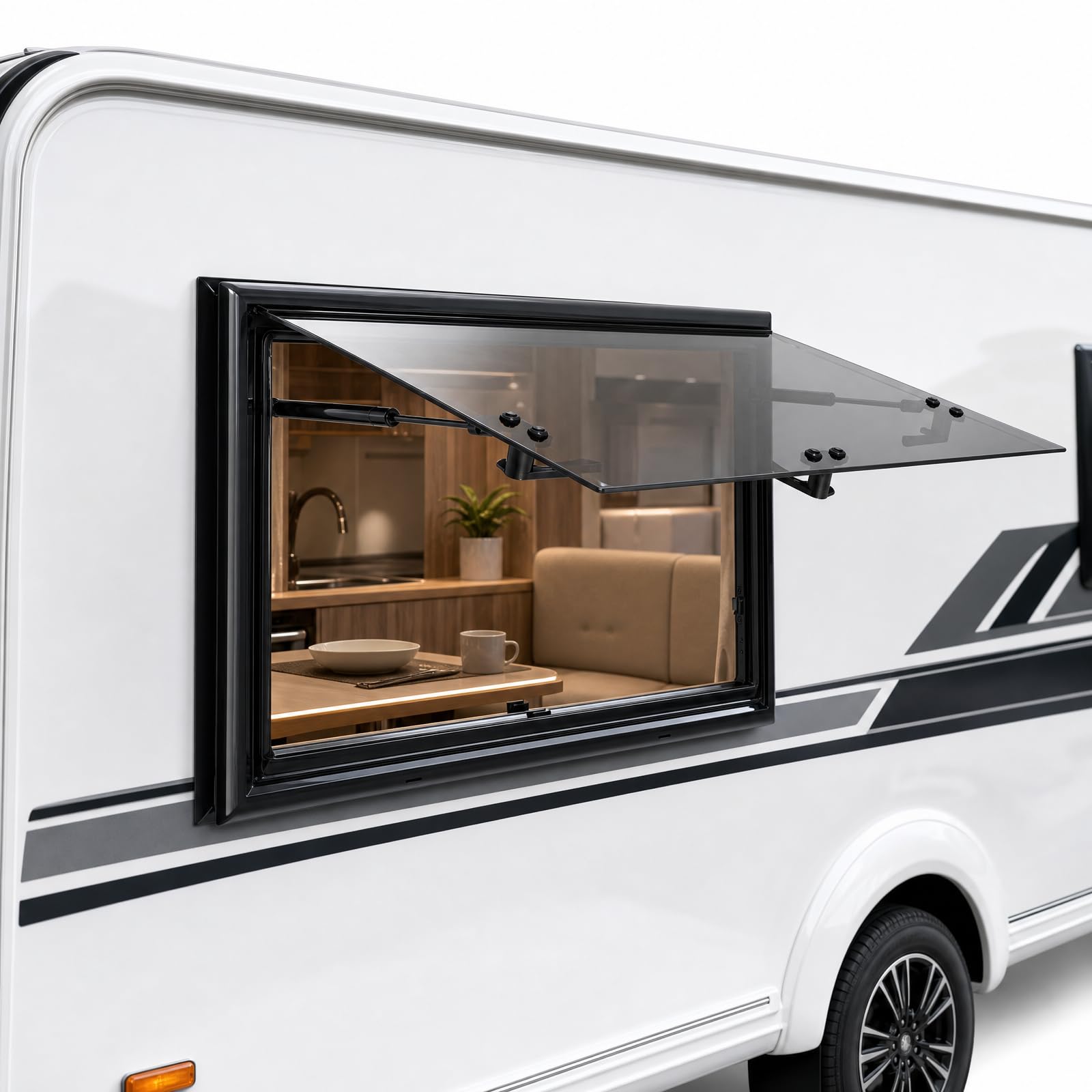 Seitenfenster Camper, Wohnwagen Fenster mit Integriertem Rollo und Fliegengitter, 85° Öffnungswinkel Wohnmobil Fenster Ausstellfenster für RV Van Camper (Rechtwinkligen Ecken,700x450mm)