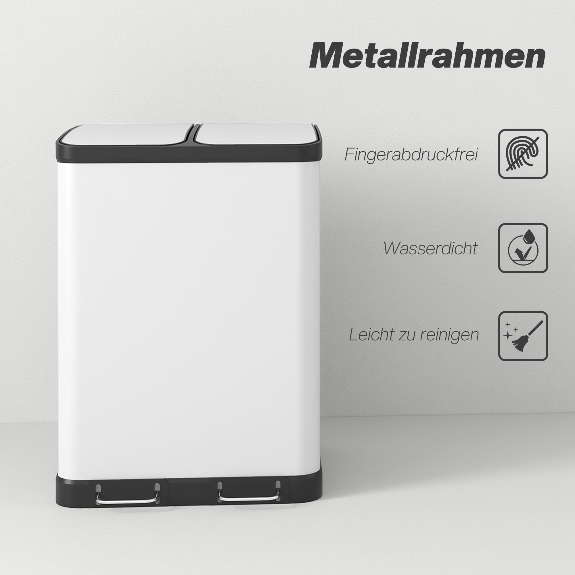 HOMCOM Mülltrennsystem 2 x 30L mit 2 Fächern Softclose-Deckel Metall Weiß | Mülleimer Küche, Abfalleimer Treteimer, Herausnehmbare Inneneimer