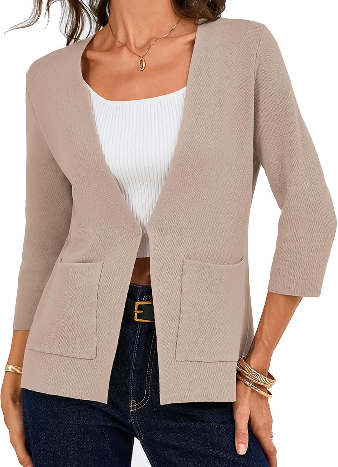 GRACE KARIN Women 3/4 Sleeve Sweater Blazer, Lightweight Open Front Cardigan, Knit Jackets Business Casual with Pockets