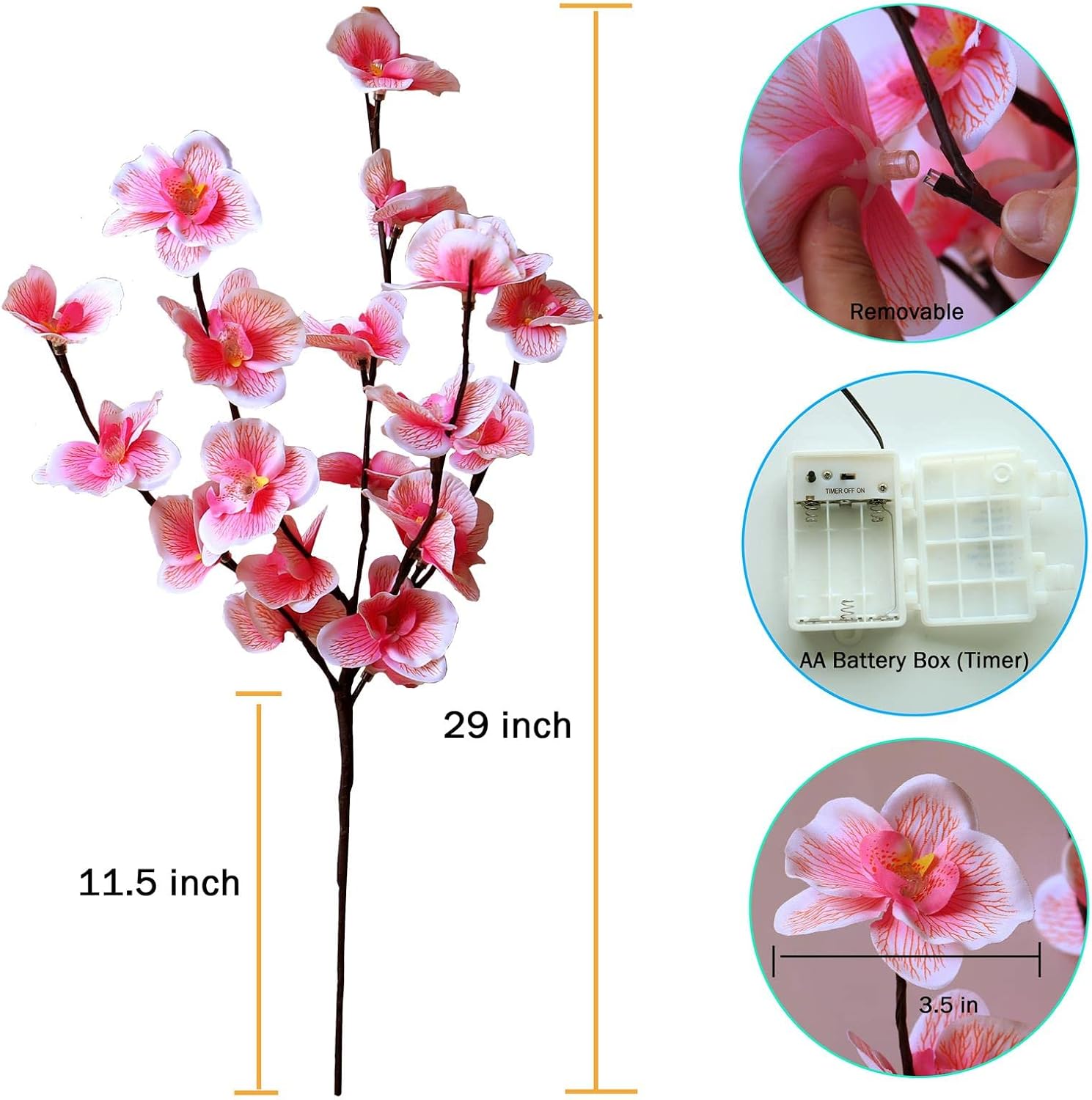 AMARS 3PCS LED Lighted Tree Branches Lights with Timer with Pink Artificial Orchid Flowers Home Decor, Battery Operated, Decorative Fairy Spirit Tree Lamp for Vase Table Centerpieces Party Christmas